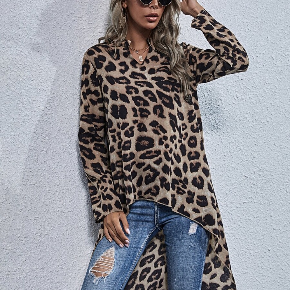Khaki Black Leopard Animal Print High Low Tunic top - Picture 11 of 13